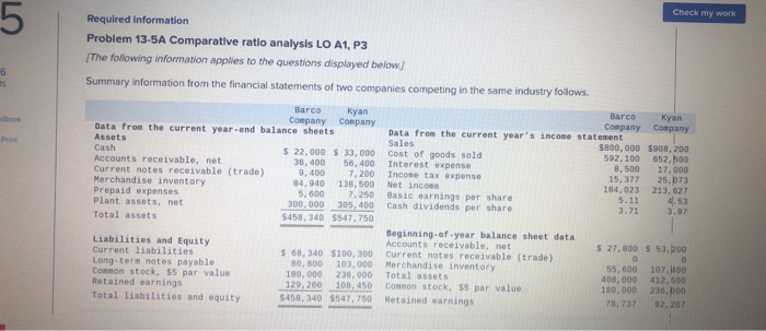  5 6 Book Check my work Required information Problem 13-5A Comparative
