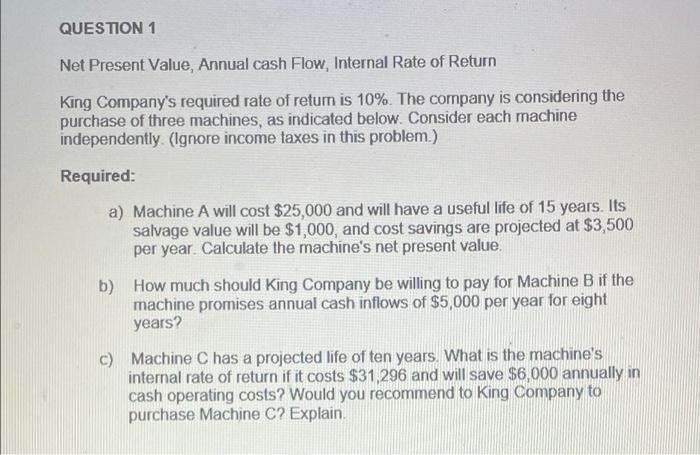  QUESTION 1 Net Present Value, Annual cash Flow, Internal Rate of