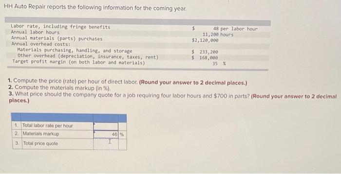Write out in same format as question HH Auto Repair reports the