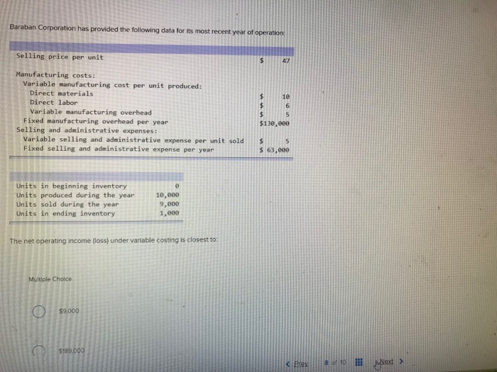  same question cont Baraban Corporation has provided the following data for