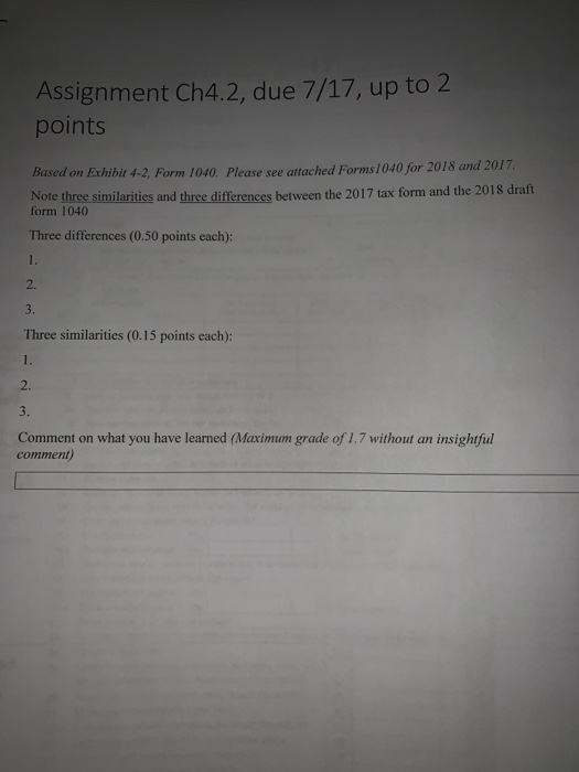  Assignment Ch4.2, due 7/17, up to 2 points Based on Exhibit