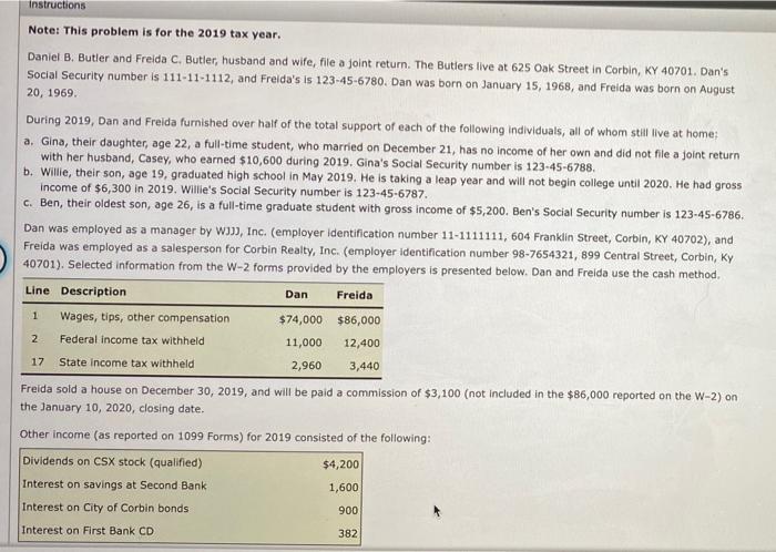  Instructions Note: This problem is for the 2019 tax year. Daniel