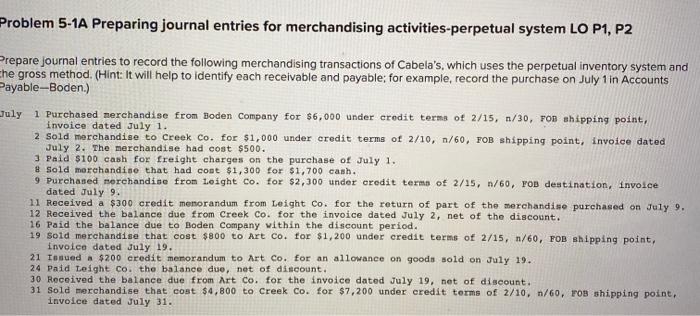  Problem 5-1A Preparing journal entries for merchandising activities-perpetual system LO P1,