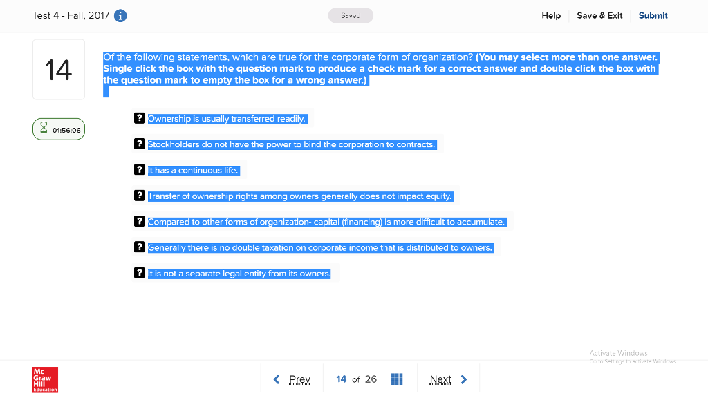  Test 4-Fall, 20176 Help Save &Exit Submit Saved Of the following