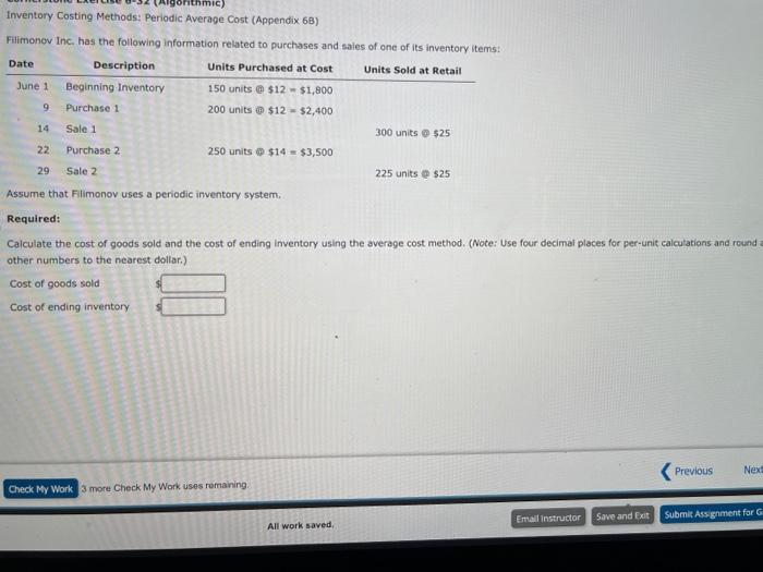  thmic) Inventory Costing Methods: Periodic Average Cost (Appendix 68) Filimonov Inc.