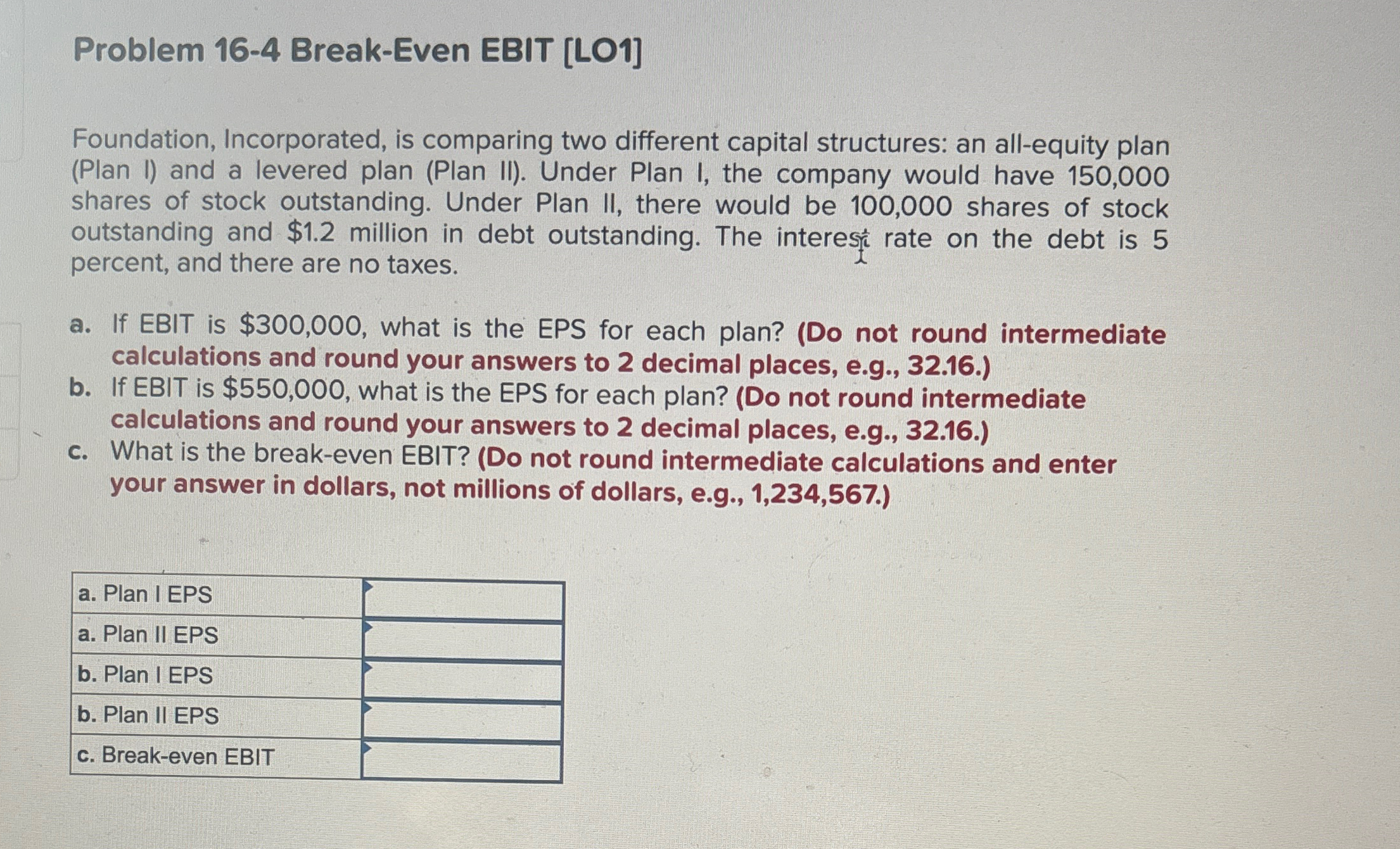  Problem 16-4 Break-Even EBIT [LO1] Foundation, Incorporated, is comparing two different