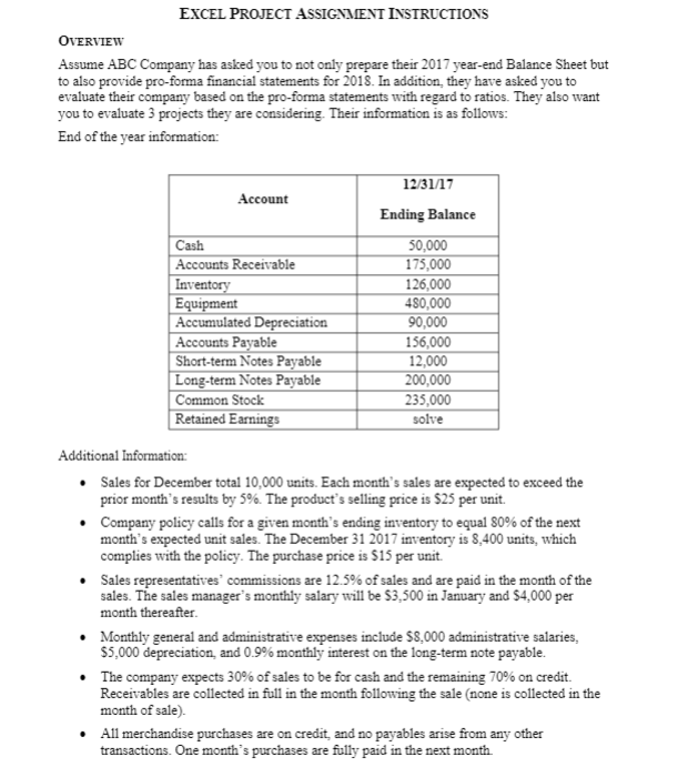 EXCEL PROJECT ASSIGNMENT INSTRUCTIONS OVERVIEW Assume ABC Company has asked you