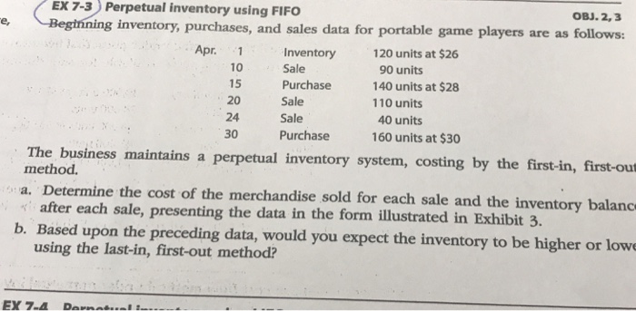  EX 7-3 Perpetual inventory using FIFO OBJ. 2, 3 nin 8