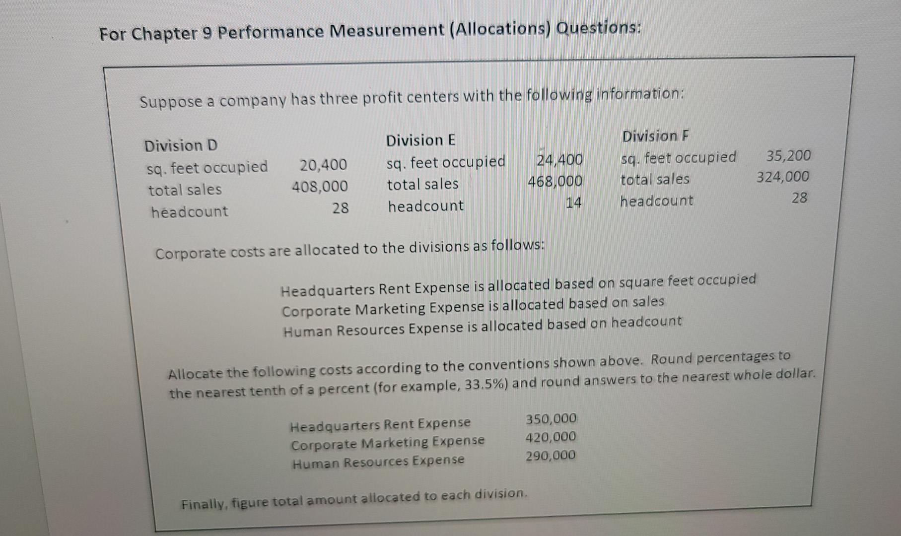 9 questions, how much HQ Rent Expense is allocated to Division D?