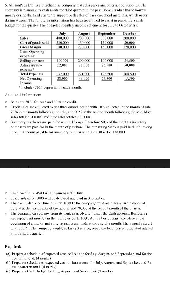 please give answer within 10 mins 5. AllisonPeck Ltd. is a