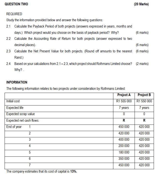  QUESTION TWO (20 Marks) REQUIRED Study the information provided below and