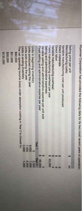  Plummer Corporation has provided the following data for its two most