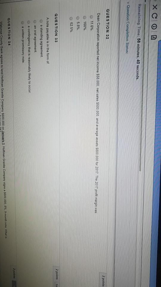  c @ Remaining Time: 58 minutes, 40 seconds. Question Completion Status: