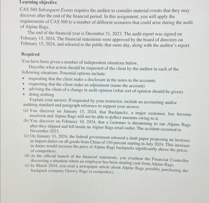 please help. i know A is to do nothing Learning objective CAS