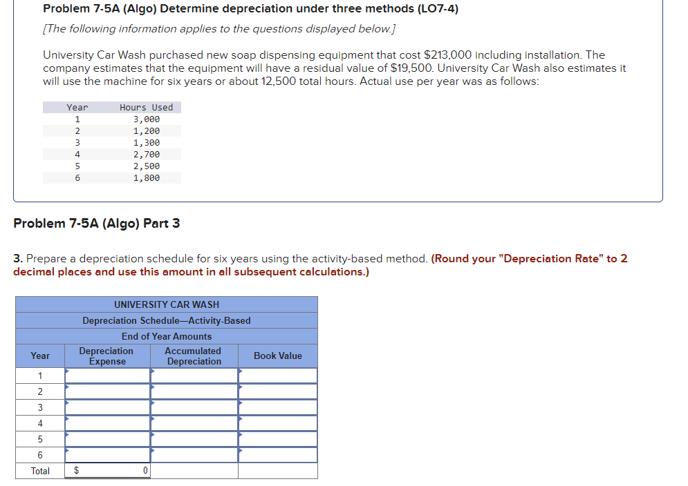  Problem 7-5A (Algo) Determine depreciation under three methods (LO7-4) [The following
