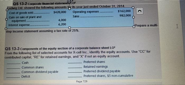 fast answer pls C QS 13-2 Corporate financial statement Ludwig Ltd, showed