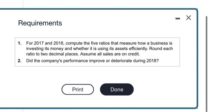 Read the requirements. Requirement 1. For 2017 and 2018, compute the five