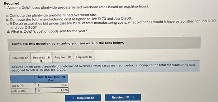 manufacturing cost assigned to Job D-70 and Job C-200. c. If Delph