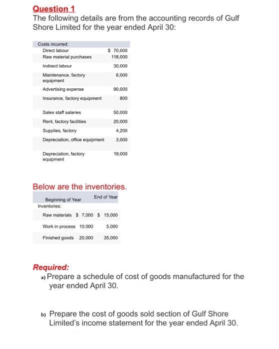 please help me in solving this Question 1 The following details are