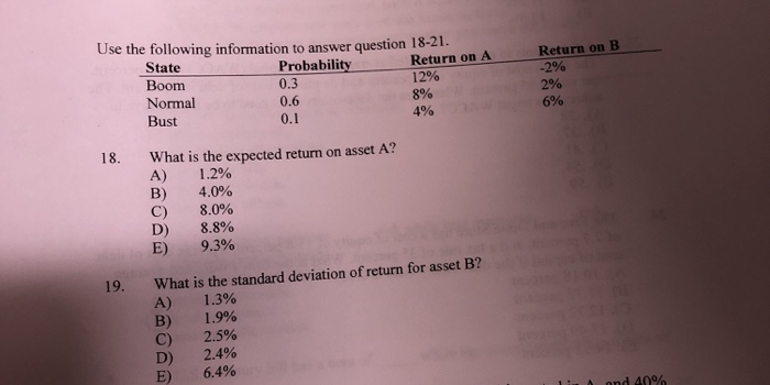  Return on B Use the following information to answer question 18-21.