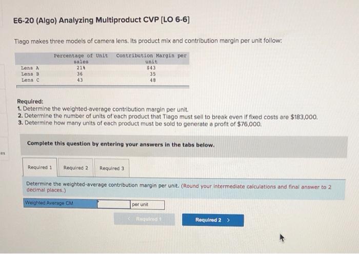  E6-20 (Algo) Analyzing Multiproduct CVP [LO 6-6] Tiago makes three models