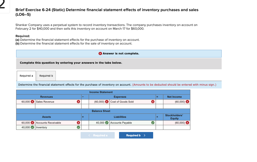  Brief Exercise 6-24 (Static) Determine financial statement effects of inventory purchases