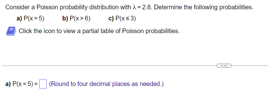 Consider a Poisson probability distribution with = 2.8. Determine the following probabilities.