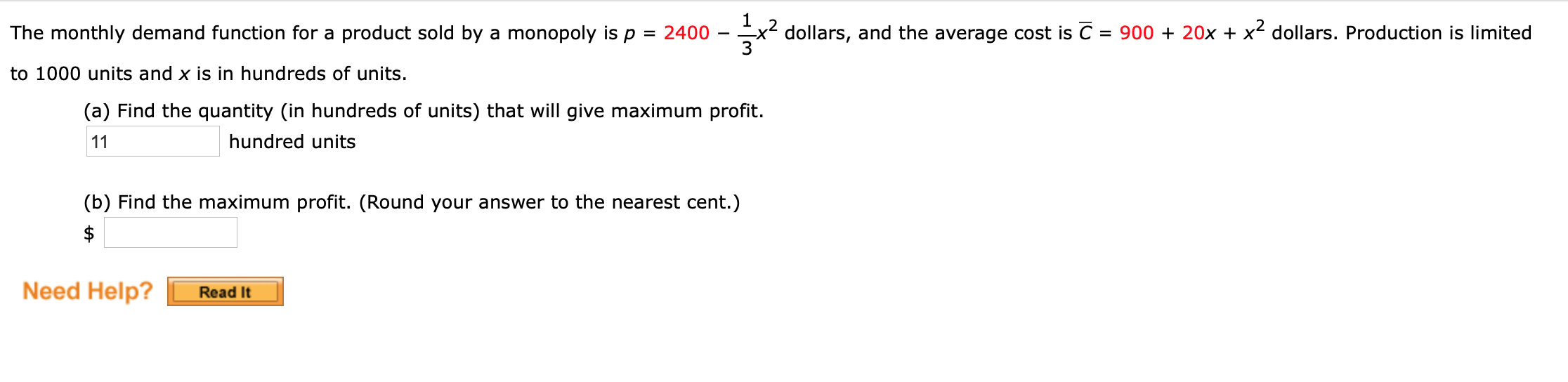 1 The monthly demand function for a product sold by a