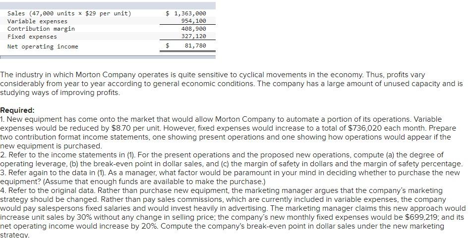 Sales (47,000 units X $29 per unit) Variable expenses Contribution margin