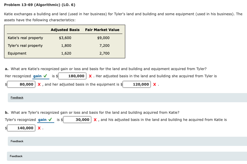  Problem 13-69 (Algorithmic) (LO. 6) Katie exchanges a building and land
