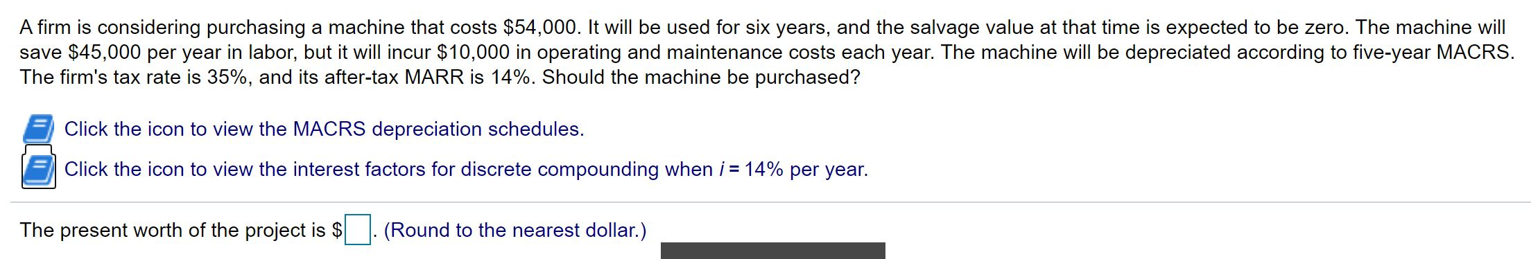 Please advise answer below. A firm is considering purchasing a machine that
