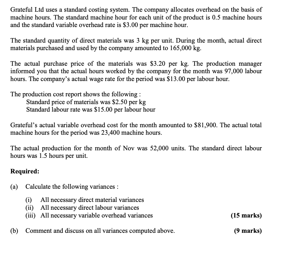 Grateful Ltd uses a standard costing system. The company allocates overhead