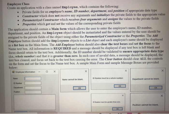 following: Private fields for an employee's name, ID number, department, and position