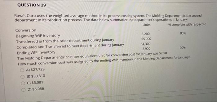  QUESTION 29 Ravalt Corp uses the weighted average method in its