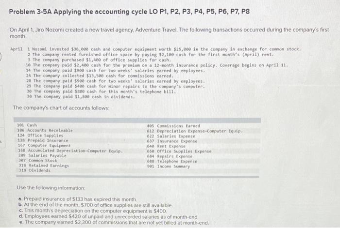  Problem 3-5A Applying the accounting cycle LO P1, P2, P3, P4,