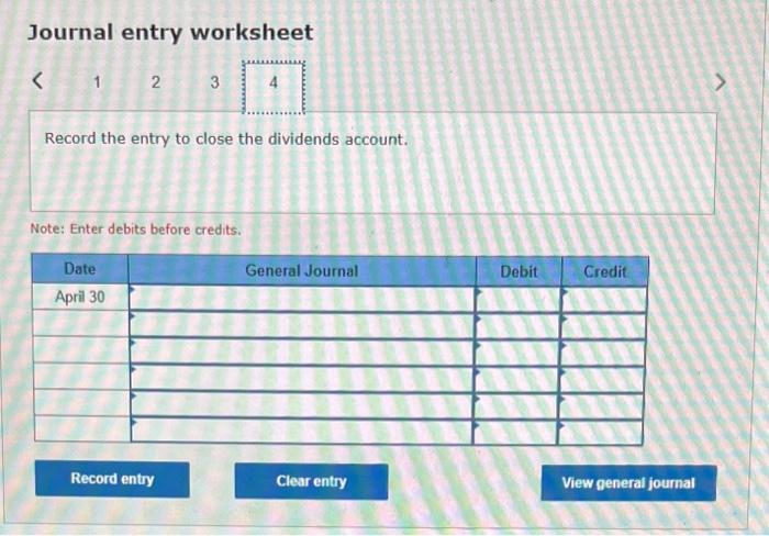 April 30. 4. Joumalize the adjusting entries for the month and prepare