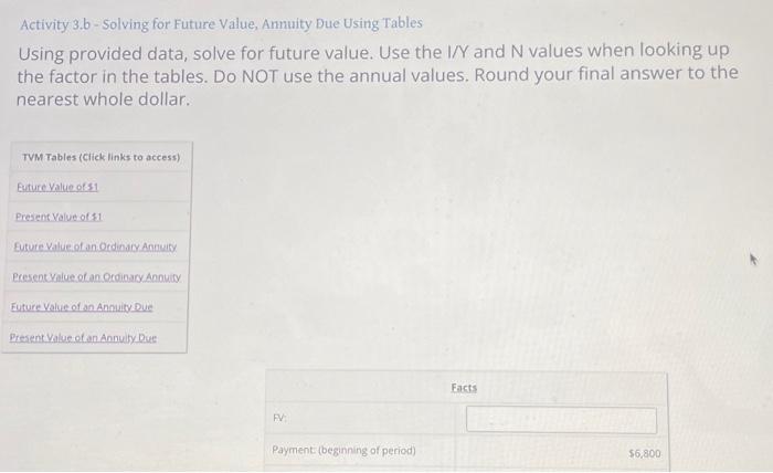  Activity 3.b-Solving for Future Value, Annuity Due Using Tables Using provided