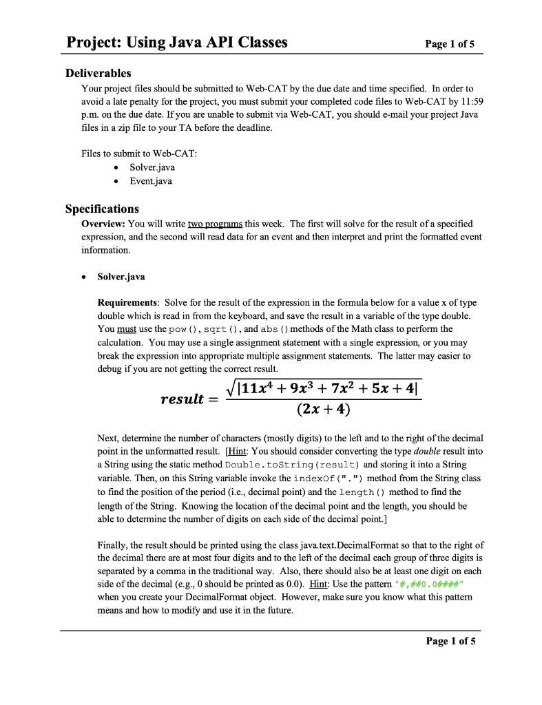  Project: Using Java API Classes Page 1 of 5 Deliverables Your