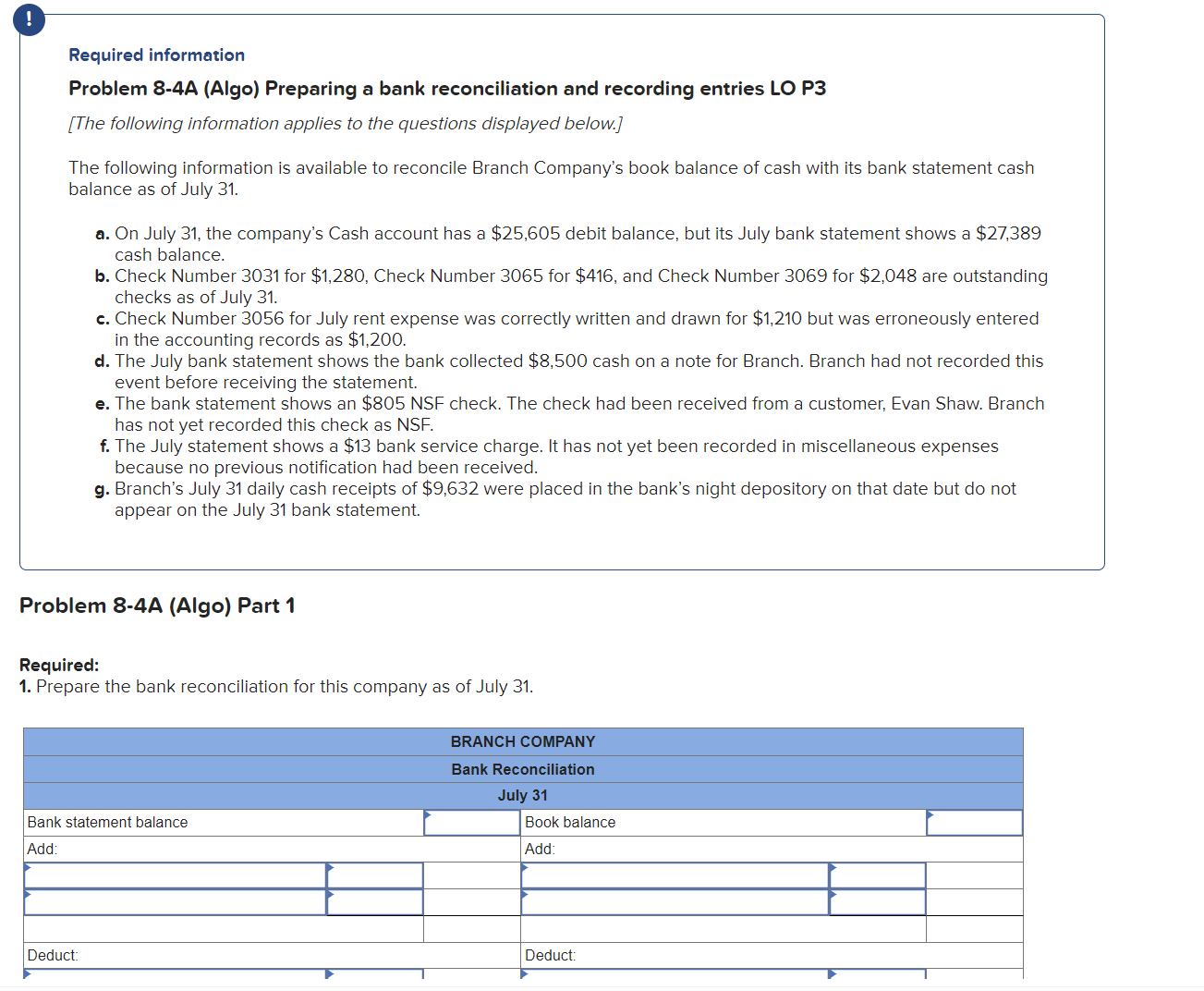  ! Required information Problem 8-4A (Algo) Preparing a bank reconciliation and