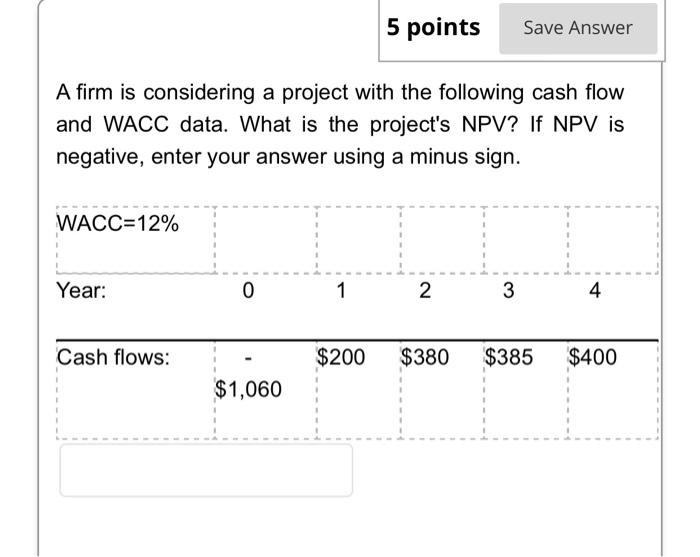  5 points Save Answer A firm is considering a project with