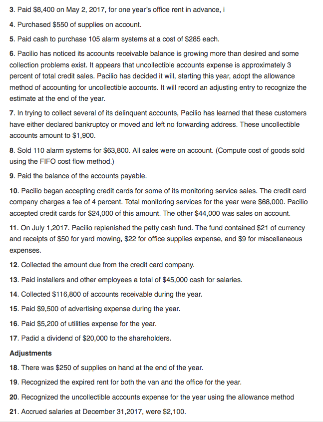 Pacilio Security Services Inc. as of January 1, 2017, had the following