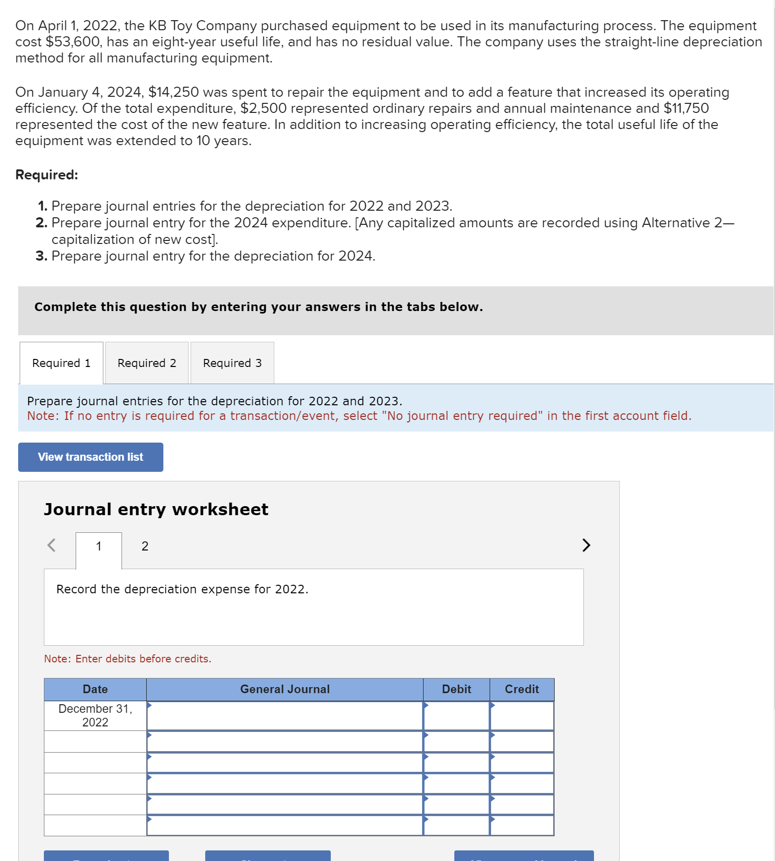  On April 1,2022, the KB Toy Company purchased equipment to be