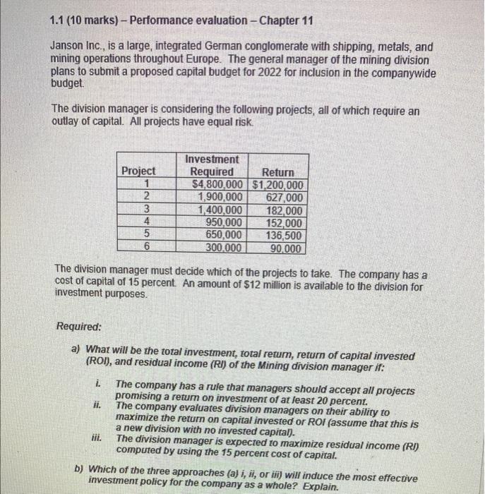 v 1.1 (10 marks) - Performance evaluation - Chapter 11 Janson Inc.,