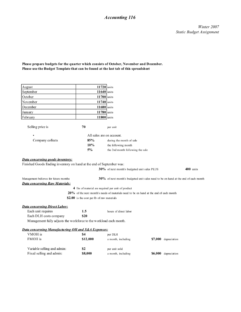 Accounting 116 Winter 2007 Static Budget Assignment Please prepare budgets for
