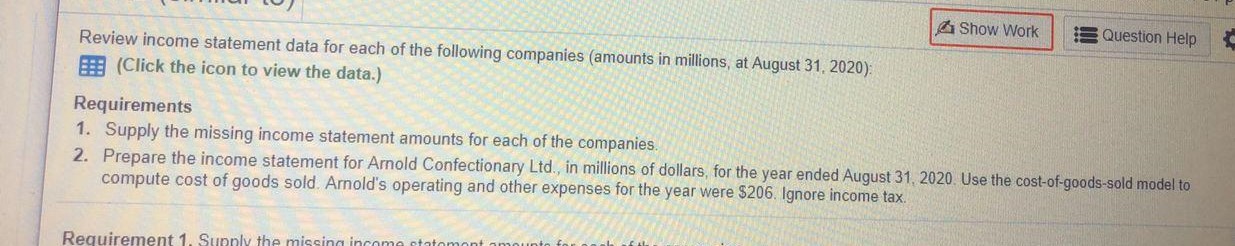  Show Work 3 Question Help Review income statement data for each