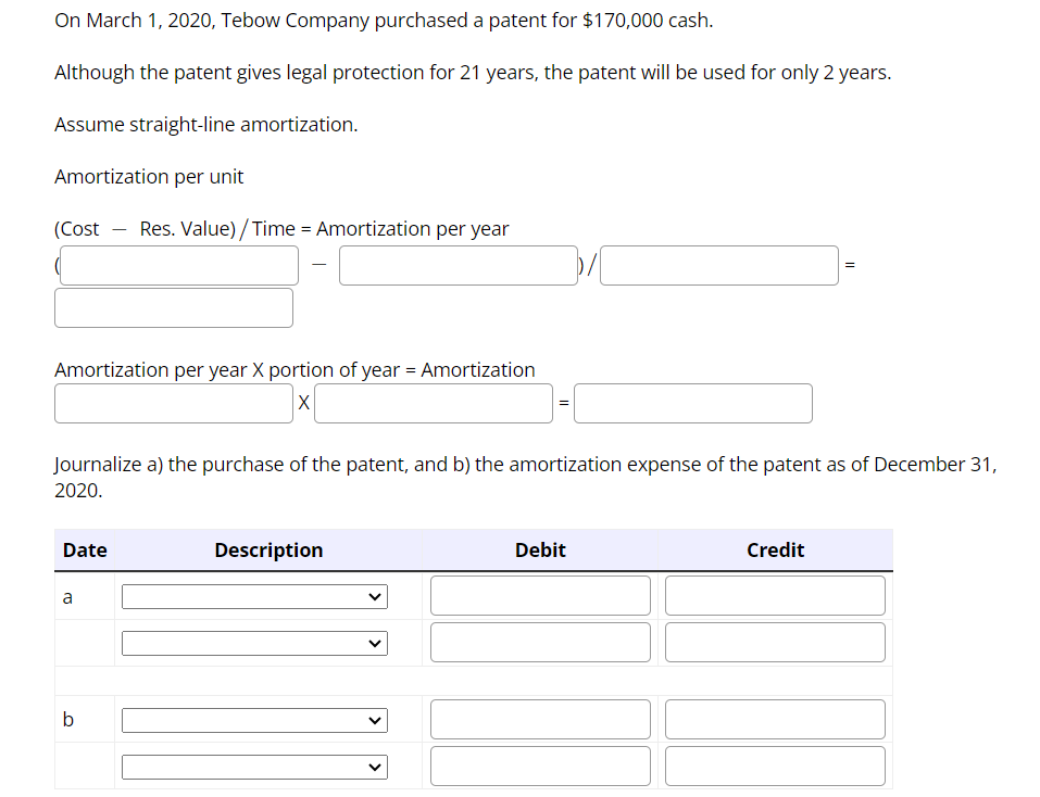  On March 1,2020, Tebow Company purchased a patent for $170,000cash. Although