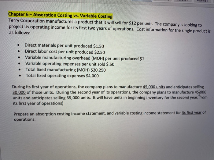  y Heading 2 Chapter 6 - Absorption Costing vs. Variable Costing