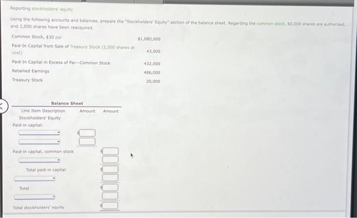 please help all Reporting stockholders' equity Using the following accounts and balances,