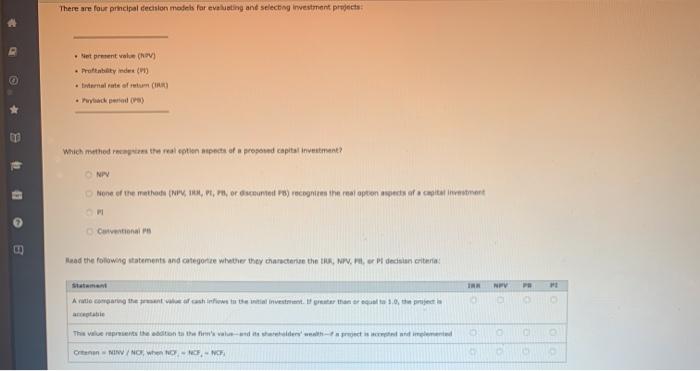  There are four principal decision models for evleting and selecting investment