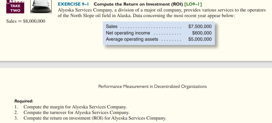  EXERCISE 9-I Compute the Return on Investment (ROI)[LO9-I] Alyeska Services Company,